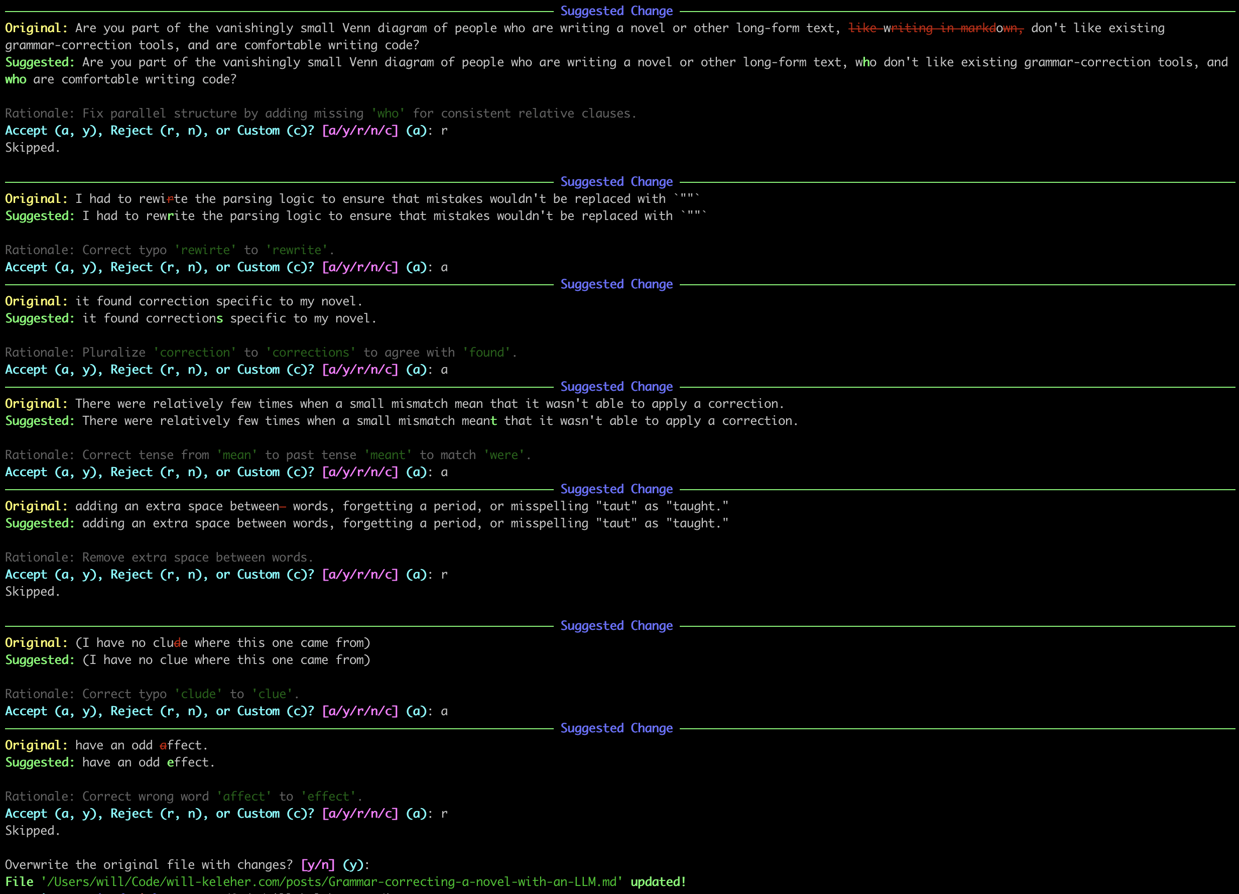 Screenshot of a terminal showing the script's UI. It has four components: Original, Suggestion, Rationale, and options to accept/reject. The original text on one example is "it found correction specific to my novel." and the suggestion is "it found corrections specific to my novel." (with the added "s" on "corrections" highlighted). The rationale is "Pluralize 'correction' to 'corrections' to agree with 'found'." The options are "Accept," "Reject," or "Custom"