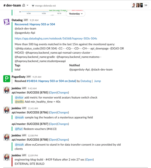 slack channel with lots of alerts in it