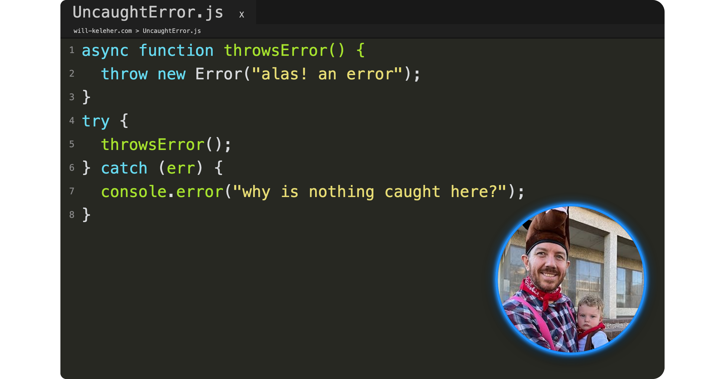 A picture of a text editor. The text editor shows incorrect JavaScript async code